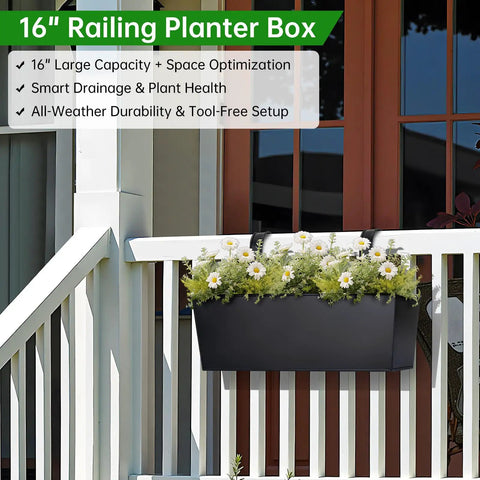 Big 16 Inch Railing Planter Box Three Pack With Detachable Wide Hooks For 2.7 Inch Rails Balcony Deck Patio Hanging Planters