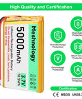 Image of High Capacity 3.7V 5000mAh LiPo Battery With USB Charger, showing specifications and protection features.
