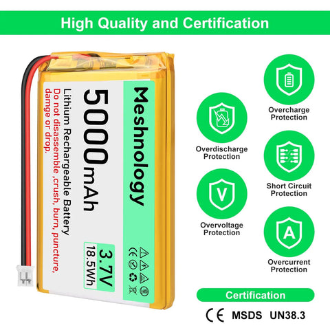 Image of High Capacity 3.7V 5000mAh LiPo Battery With USB Charger, showing specifications and protection features.