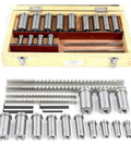 Badass 22 Piece Keyway Broach Kit Built Tough With HSS Steel To Slice Through Metal Grooves On CNC Machines With Full Metric Sizes 12 To 30 Millimeters Includes Slotted Bushings And Shims Ready To Rock In Workshops., HSS broaches in wooden case with metric sizes