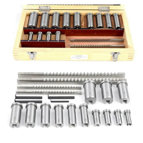 Badass 22 Piece Keyway Broach Kit Built Tough With HSS Steel To Slice Through Metal Grooves On CNC Machines With Full Metric Sizes 12 To 30 Millimeters Includes Slotted Bushings And Shims Ready To Rock In Workshops., HSS broaches in wooden case with metric sizes