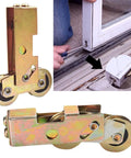 Two Pack Tandem Sliding Patio Door Roller Assembly One And A Quarter Inch Wheel With Steel Ball Bearings Rear Adjustable Replacement For Sliding Glass Doors Screen Doors Gates And Windows Includes Four Screws shown from various angles with installation view.