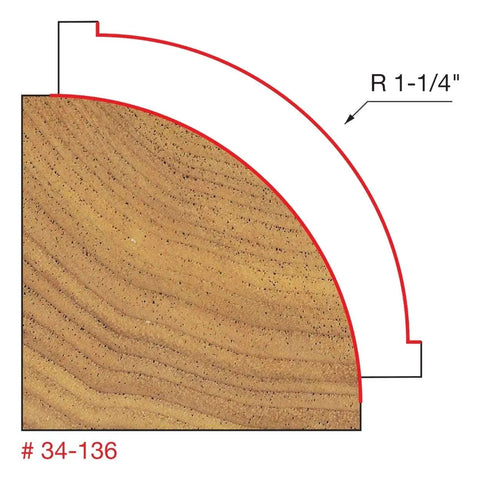 Cross-section diagram of Quadra Cut Rounding Router Bit With Perma Shield Coating For Maximum Durability, showing 1-1/4 inch radius.
