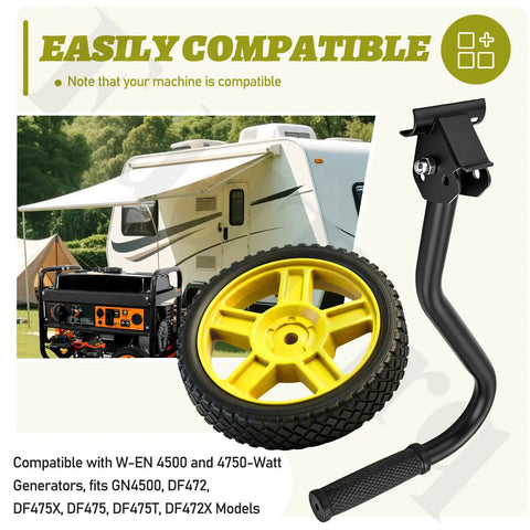 Wheel and handle kit next to generator and RV, compatible with WEN 4500 and 4750 watt generators, easy install