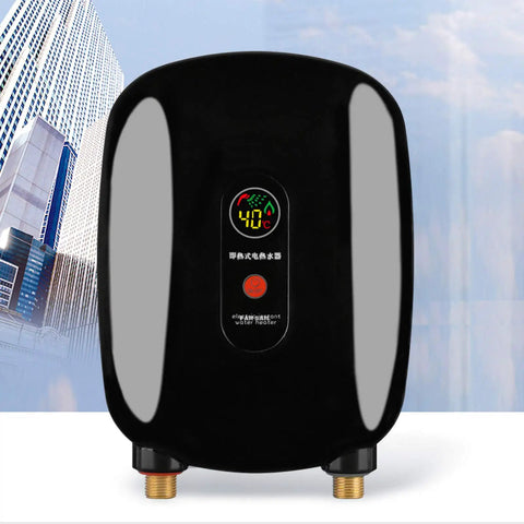 Compact Electric Water Heater Delivering Instant Hot Output With A Slick Wall Mount Build Made For Under Sink Installations Featuring A Clear Digital Temperature Dial, glossy black finish, displaying 40°C.