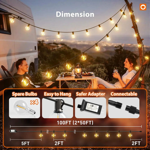 Couple enjoying an evening with 100Ft Outdoor String Lights G40 With Remote 54 LED Shatterproof Bulbs on a patio with table and chairs