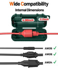 Outdoor Extension Cord Cover Waterproof With Four Removable Latches Heavy Duty Weatherproof Electrical Box Plug Cover For Patio Power Tools Holiday Lights IP54 Sealed Green open showing dimensions and AWG cord compatibility.