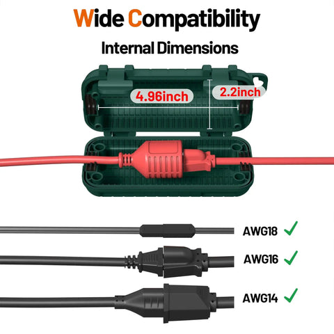 Outdoor Extension Cord Cover Waterproof With Four Removable Latches Heavy Duty Weatherproof Electrical Box Plug Cover For Patio Power Tools Holiday Lights IP54 Sealed Green open showing dimensions and AWG cord compatibility.