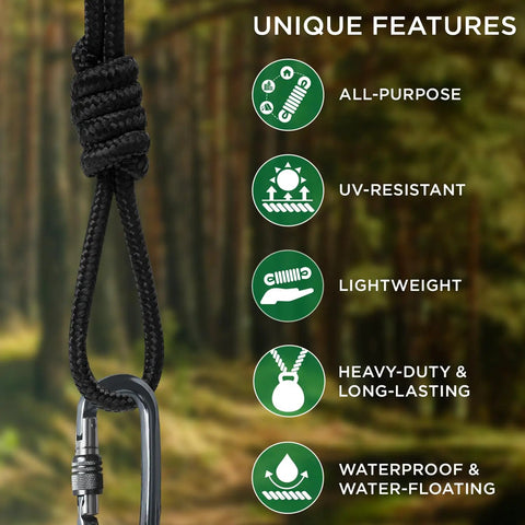 Rugged All Purpose Rope One Quarter Inch And Three Eighths Inch Diamond Braided Polypropylene Nylon Cord For Camping Crafting Flag Poles Indoor And Outdoor Use Ninety To One Hundred Fifty Foot Lengths Black with unique features: all-purpose, UV-resistant, lightweight, heavy-duty, waterproof.