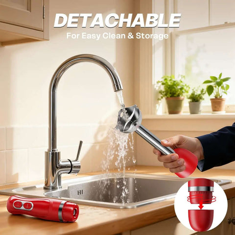 Heavy Duty Corded Immersion Blender With Badass 400 Watt Copper Motor And Slick Two Speed Controls For Hella Smooth Soups Smoothies And Baby Food Puree Making being rinsed under faucet.