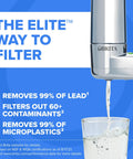 Easy Install Chrome Faucet Mount Water Filter Gives Instant No Wait Filtration For Awesome Tasting Tap Water Fits Standard Faucets Great For Kitchens Bathrooms Drinking Cooking And Small Spaces installed on sink, pouring water into glass