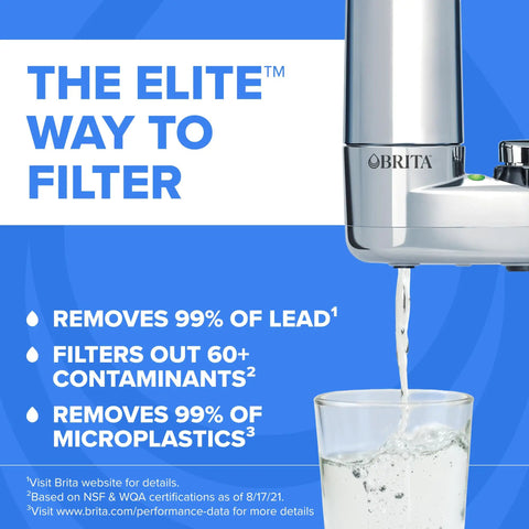 Easy Install Chrome Faucet Mount Water Filter Gives Instant No Wait Filtration For Awesome Tasting Tap Water Fits Standard Faucets Great For Kitchens Bathrooms Drinking Cooking And Small Spaces installed on sink, pouring water into glass