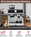 Top Shelf Espresso Machine With Integrated Grinder And Effortless Milk Frother Pro Level Coffee Maker in silver with espresso shots being brewed.
