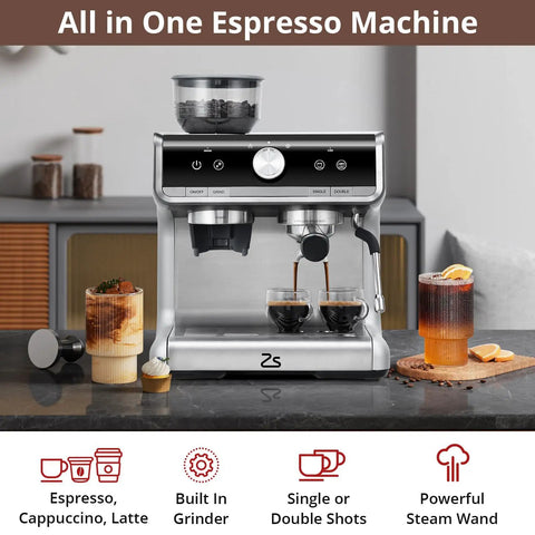 Top Shelf Espresso Machine With Integrated Grinder And Effortless Milk Frother Pro Level Coffee Maker in silver with espresso shots being brewed.
