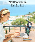 Hassle Free Travel Power Strip With Two Swift Usb C Ports, Ultra Compact Extension Cord used at outdoor workspace.