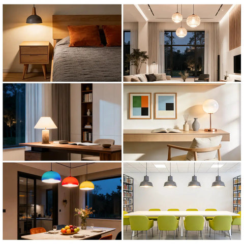 Various indoor lighting setups with Eco LED A19 Light Bulb 9W Equivalent to 60W, 750 Lumens, Soft White 2700K, E26 Base
