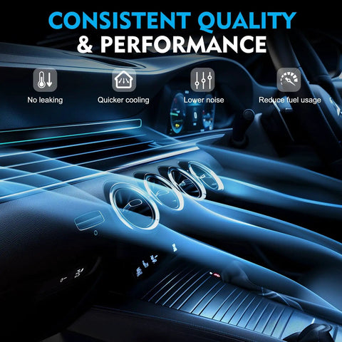 Interior car dashboard showing consistent quality, lower noise, and quicker cooling features of Heavy Duty Universal AC Compressor With Clutch Included For Quick Car Cooling Fixes Built Tough With Cast Aluminum Housing And Pregfilled PAG Oil Super Smooth Plug And Play Swap.