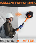 Man using All In One Drywall Sander With Extendable Handle And LED Light, 8.5 Amp Popcorn Ceiling Removal Tool