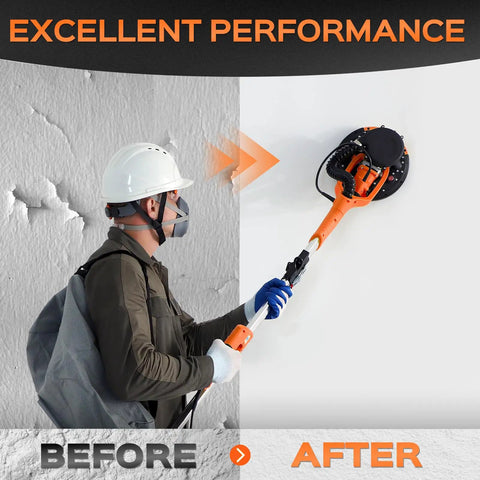 Man using All In One Drywall Sander With Extendable Handle And LED Light, 8.5 Amp Popcorn Ceiling Removal Tool