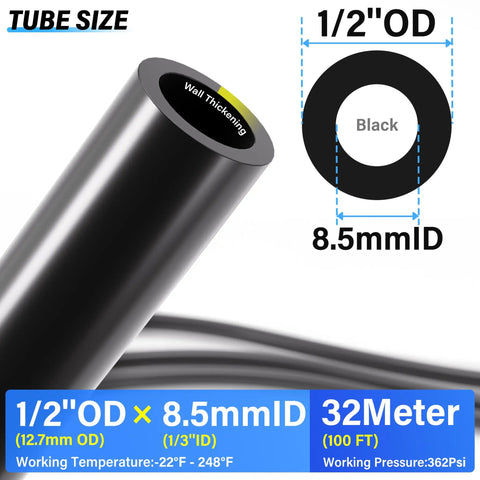Heavy Duty One Half Inch Outer Diameter Black Nylon Pneumatic Air Line Tube For Air Compressors And Brakes 100 Feet Long 32 Meters 362 PSI Working Pressure