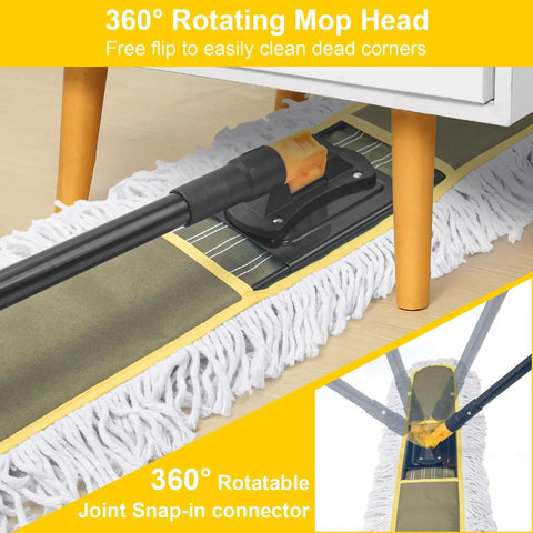 360° rotating mop head with black handle and cotton mop pad, designed for easy cleaning in tight spaces, compatible with Heavy Duty 2 Pack 36 Inch Cotton Dust Mop Replacement Heads.