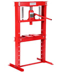 Heavy Duty 12 Ton Hydraulic Shop Press With Solid H Frame And Smooth Adjustable Table in red color for metalworking projects.