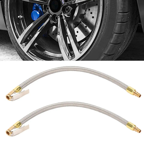 Two Piece Heavy Duty Tire Inflator Hose Adapter With 13 Inch Stainless Steel Extension For Cars And Bikes Reaches Tight Valve Spots Easy With M8 Thread Secures Air Pump Flow Avoids Leaks Helps Maintain Pressure High On The Road Anytime You Drive, 13-inch braided hose
