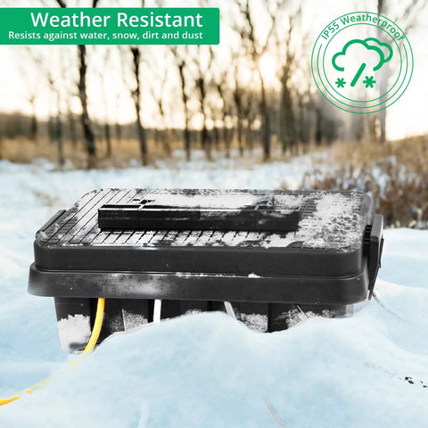 Built Tough Large Outdoor Electrical Box With Handle, Weatherproof IP55 rated, shown in a snowy outdoor setting.