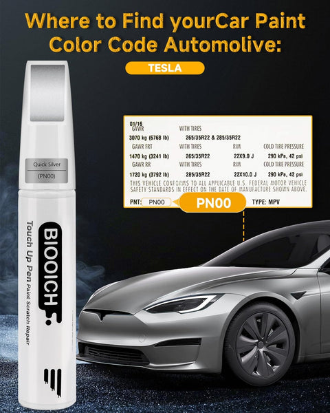 Exact Color Match Touch Up Paint Pen For Cars Chip And Scratch Repair Quick Silver Tesla PN00 Easy Blend with car guide.