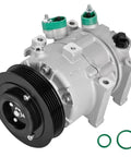 Fresh Heavy Duty Air Conditioning Compressor With Clutch Quick Bolt Swap For Hyundai Sonata And Kia Optima 2012 To 2018 close-up view with green fittings.