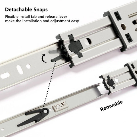 16 Inch Soft Close Drawer Slides With Ball Bearing Full Extension For Cabinets Heavy Duty 150Lb Per Pair showing detachable snaps