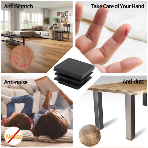 30 Pack One And One Half Inch Square Plastic End Caps showing features for floors, hands, noise, and dust protection.