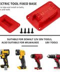 Electric tool fixed base and screws with compatible Dewalt and Milwaukee drills, shown on a white background.