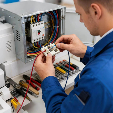 Electrician wiring a control panel with tools on workbench, related to Wireless Adjustable Portable Soldering Jig For Wires And PCBs.