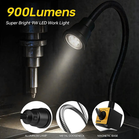 900 Lumens 9W Aluminum Alloy Flexible Machine Light With Magnetic Base illuminating a drill press in a garage shop setup