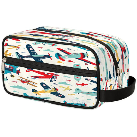 Cartoon Colorful Airplane Travel Makeup Bag For Women And Men Large Cosmetic Wash Bag Dopp Kit with handle and zipper closure