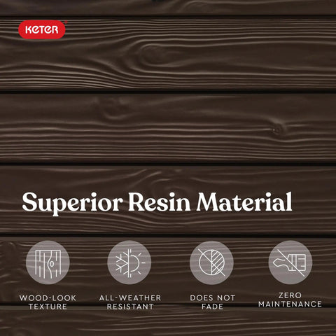 Close-up of wood-look resin material used in Solana 70 Gallon Storage Bench Deck Box for Patio Furniture and Outdoor Seating.
