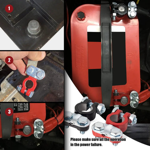 Color Coded Quick Release Battery Terminals Set With Top Post Connectors And Anti Corrosion Felt Washers installed on car battery