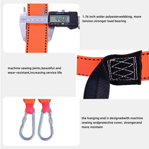 Close-up of Emergency Fire Escape Rope Ladder for Home Windows and Balconies, Quick Deploy 9.8 Ft to 49 Ft showing polyester webbing and carabiners.