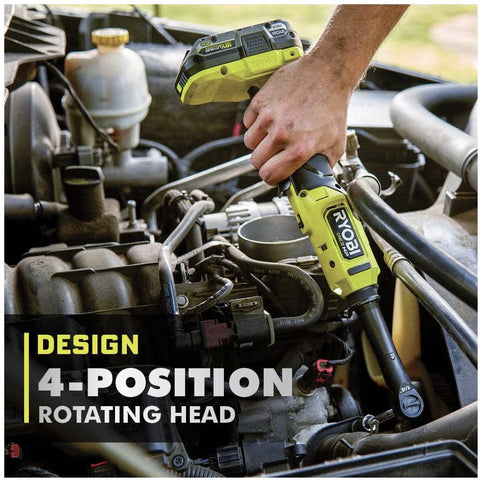 Person using 18V Brushless Cordless 1/4 Inch Extended Reach Ratchet Bare Tool Only on car engine, showcasing rotating head feature.