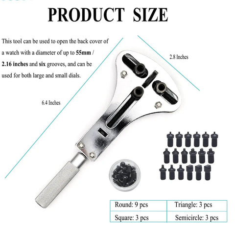 Watch Battery Replacement Tool Kit With 3 Point Large Wrench, 18 Bit Set, Pro Grade Adjustable Case Back Opener For Multi Grooved Watches