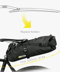 Waterproof Bike Saddle Bag With Expandable 10L And 13L Capacity attached under a bike seat, showing black waterproof material.