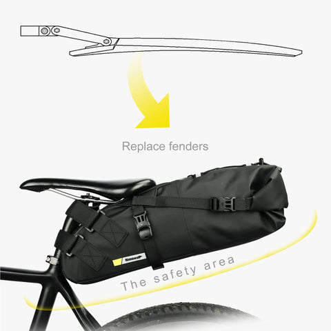 Waterproof Bike Saddle Bag With Expandable 10L And 13L Capacity attached under a bike seat, showing black waterproof material.