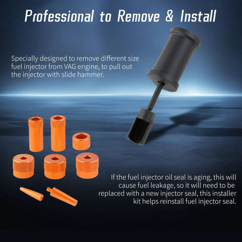 Professional fuel injector removal kit with seal installer for VW Audi engines 1.4L to 4.2L V8 FSI TSI, shown with components.