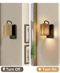 Boho Rattan Wall Sconce with Hemp Rope, handwoven rustic bohemian modern wall light for living room, turn off and on view, cozy warm vibe.