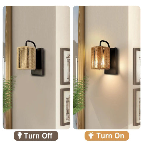 Boho Rattan Wall Sconce with Hemp Rope, handwoven rustic bohemian modern wall light for living room, turn off and on view, cozy warm vibe.