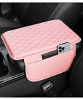 Upgraded Slick Microfiber Car Center Console Cover Universal Armrest Cushion With Nifty Double Side Storage Pockets Pink Ride Pad on vehicle armrest