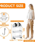 Slim Rolling Storage Cart With Wheels For Small Spaces, Clear Modern Design, dimensions and features displayed with mannequin model