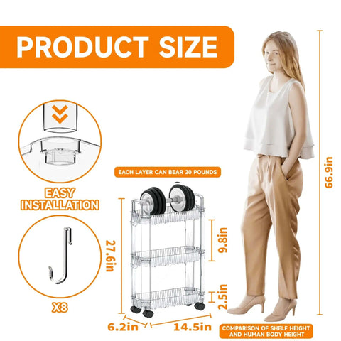 Slim Rolling Storage Cart With Wheels For Small Spaces, Clear Modern Design, dimensions and features displayed with mannequin model