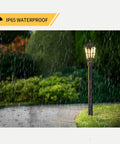 Hardwired 120V Dusk To Dawn Outdoor Post Light Black Roman Aluminum Pole Lamp in rain showcasing all weather waterproof feature